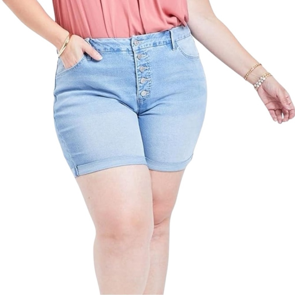 Royalty For Me Plus Size High Rise Exposed Button Fly Cuffed Denim Shorts - 24W